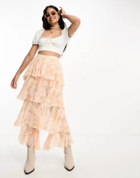 Miss Selfridge – широкие брюки из шифона с цветочным принтом и воланами