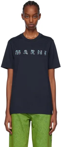 Темно-синяя футболка с принтом Marni, цвет Blublack