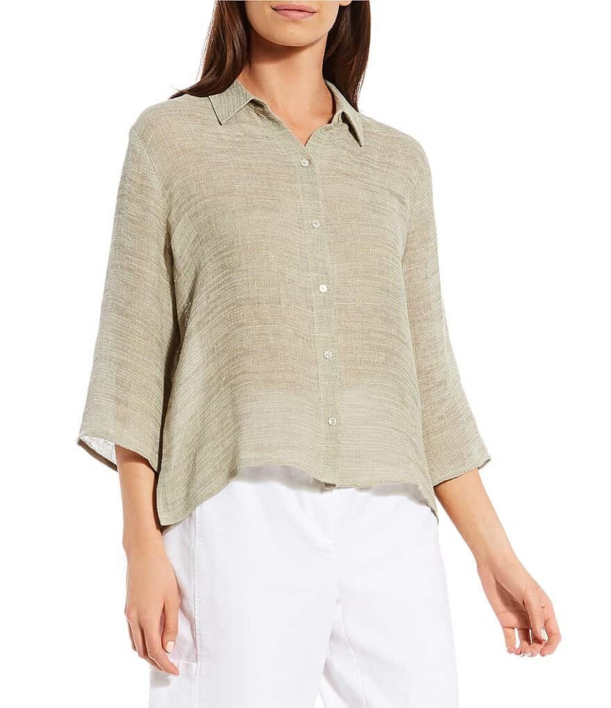 Рубашка Eileen Fisher из органического льна с заостренным воротником и рукавами 3/4 на пуговицах спереди, бежевый