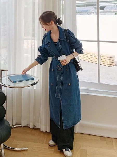 SuperAen Весна и Осень Корейская джинсовая ветровка однобортный отложной воротник модные женские джинсы длинный плащ