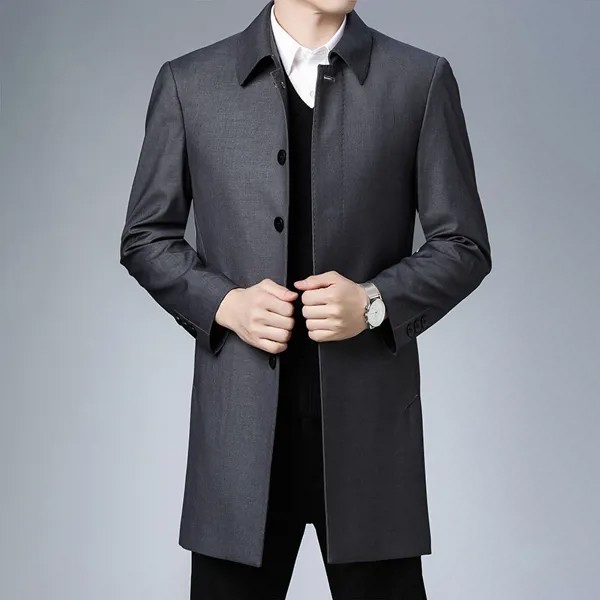 Мужская деловая Повседневная ветровка средней длины, модная простая повседневная однотонная куртка с лацканами и длинными рукавами