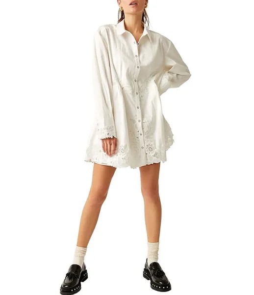 Мини-платье Free People Constance на пуговицах спереди с длинными рукавами и кружевными деталями, белый