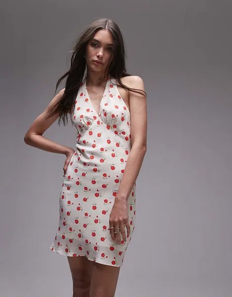 Topshop – Воздушное мини-платье цвета слоновой кости с вырезом бретелькой и ручным узором