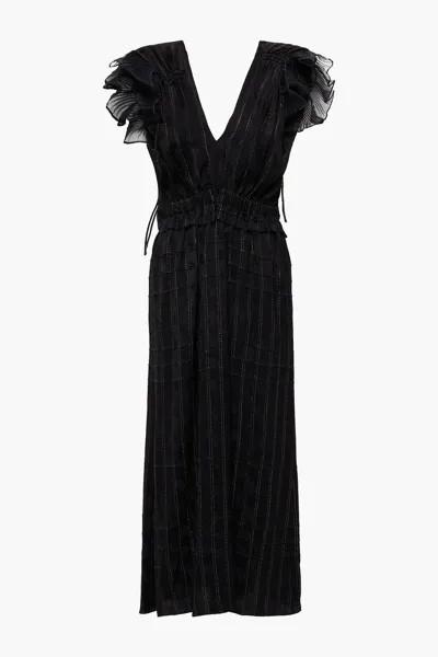 Платье миди Miyo из атласного жаккарда с оборками и защипами ISABEL MARANT, черный