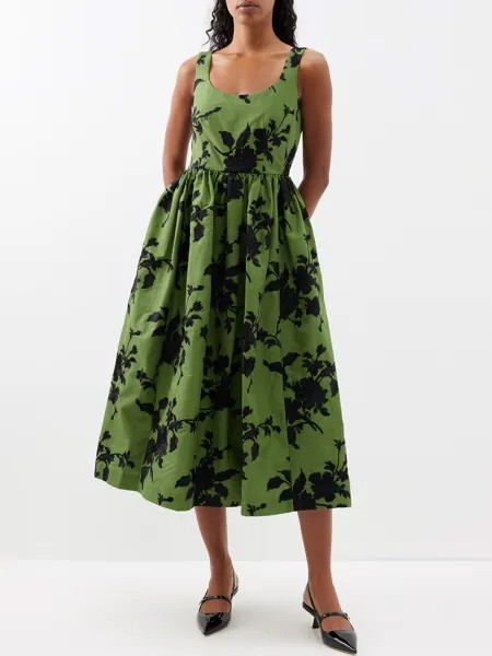 Платье миди из хлопка фай с цветочной вышивкой Erdem, зеленый