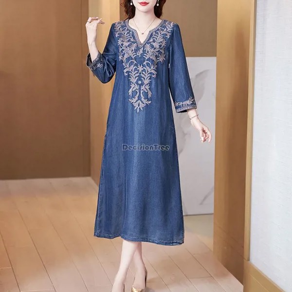 2023 Новое китайское Ретро джинсовое платье женское улучшенное cheongsam с длинным рукавом вышивка v-образный вырез Длинное свободное Стильное повседневное платье g997