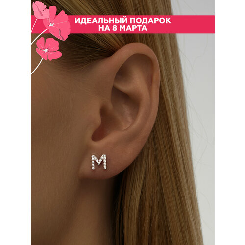 Серьги MIESTILO Моносерьга гвоздик пусет с буквой M ювелирная, серебро, 925 проба, родирование, фианит, серебряный