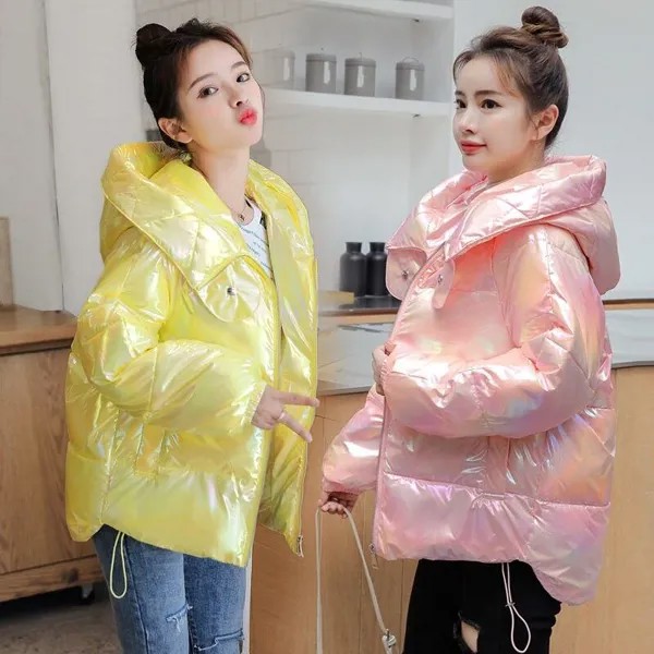 Новая корейская свободная мода Яркий утолщенный пух Parka Розовый желтый белый хлеб Пальто Летучая мышь Рукава Толстая одежда