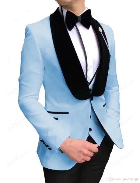 Абсолютно новые мужские костюмы небесно-голубые и Черные смокинги для жениха шаль бархатная с лацканами мужские свадебные (пиджак + брюки + жилет + галстук-бабочка) D258