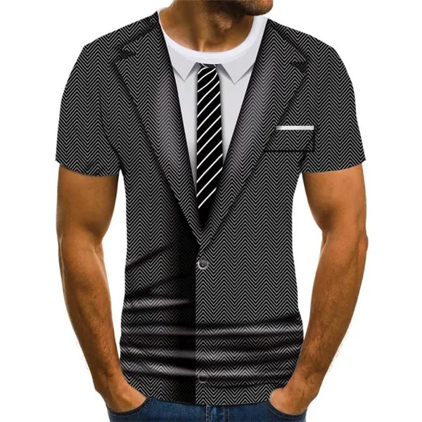 Летний 3D-печатный пиджак Костюм Поддельный узор Футболка Мода Тренд Смешной Толстовка Мальчик Персонализированная Повседневная Рубашка