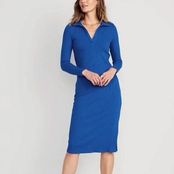 Облегающее платье-поло миди темно-синего цвета в рубчик, размер L