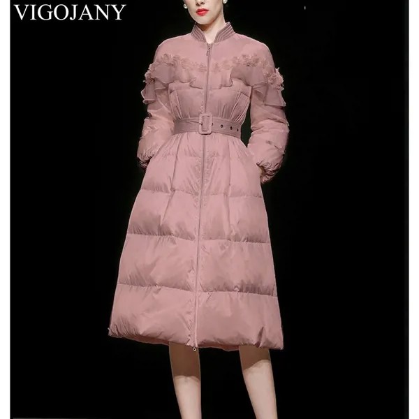Vigojany 2022, женская зимняя повседневная розовая парка с длинным рукавом, длинное платье, пальто для женщин, Корейская Толстая теплая пуховая верхняя одежда с поясом