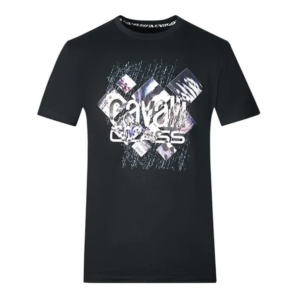 Футболка с ромбовидным окном и рисунком тигра Cavalli Class, черный
