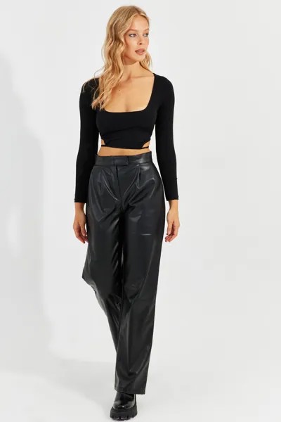 Женские черные кожаные брюки на липучке Cool & Sexy, черный