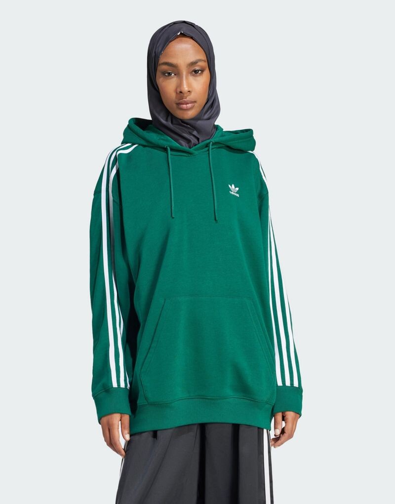 Зеленое худи оверсайз с 3 полосками adidas Adicolor