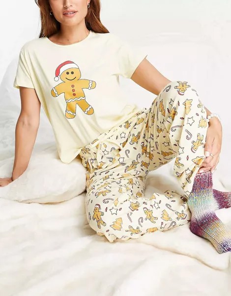 Рождественский пижамный комплект Brave Soul с пряничным человечком бледно-желтого цвета