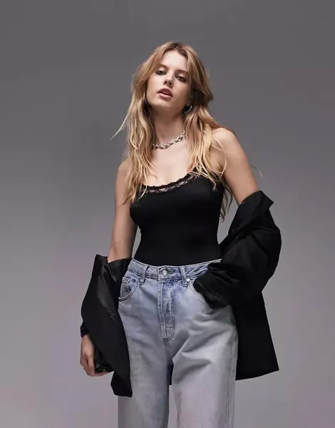 Черное боди из микрофибры с кружевной отделкой Topshop Abbie