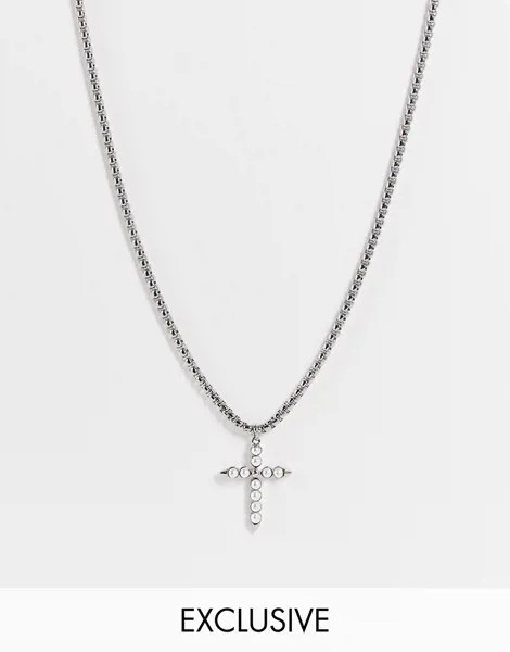 Серебристое массивное ожерелье-цепочка в стиле унисекс с подвеской в виде креста с искусственным жемчугом Reclaimed Vintage Inspired-Серебристый