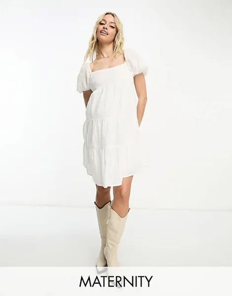 Белое свободное платье мини из хлопка в стиле добби с пышными рукавами Wednesday's Girl Maternity