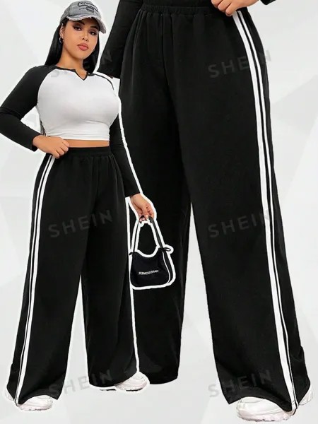 EZwear Большие размеры Женские широкие брюки с высокой талией и цветными блоками Shein, черный