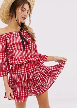 Ярусный сарафан мини в клетку с открытыми плечами ASOS DESIGN-Мульти