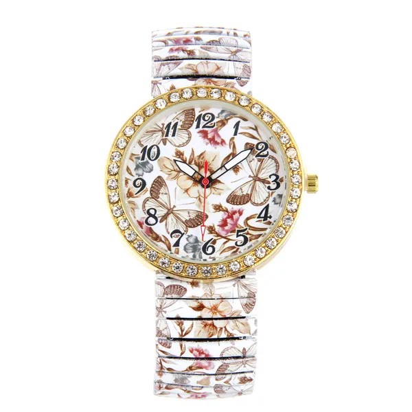 Новые модные часы с цветами, женские часы с рейнским камнем, классические эластичные наручные часы с металлической подарочной коробкой