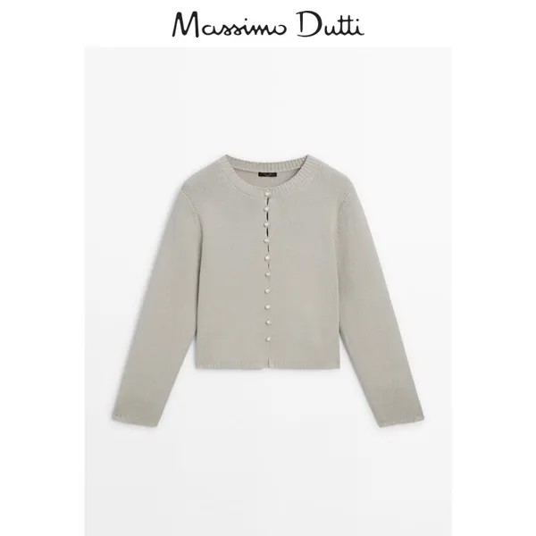 Новый продукт Special Massimo Dutti 2024 Женский французский минималистичный свитер на пуговицах с коротким круглым вырезом и вязаным жакетом-кардиганом 05705582806, цвет Азурит