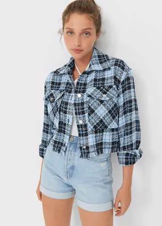Stradivarius Укороченная Куртка-Рубашка В Клетку Небесно-Голубой Xl