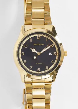 Золотистые наручные часы унисекс с браслетом и черным циферблатом Sekonda-Золотистый