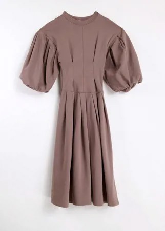 Бежевое платье-свитшот с рукавами-фонариками Topshop-Коричневый цвет