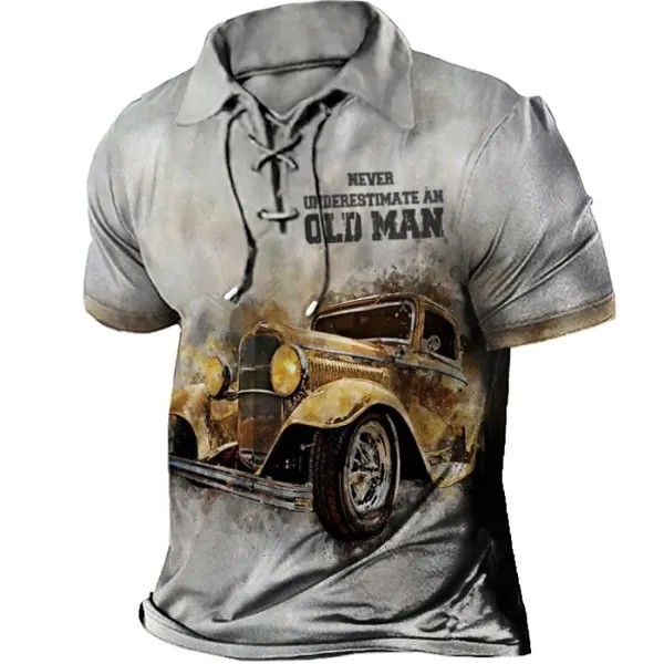 Мужская футболка с лацканами и короткими рукавами Jeep Old Man Винтаж На шнуровке Лето Повседневные Топы Серый