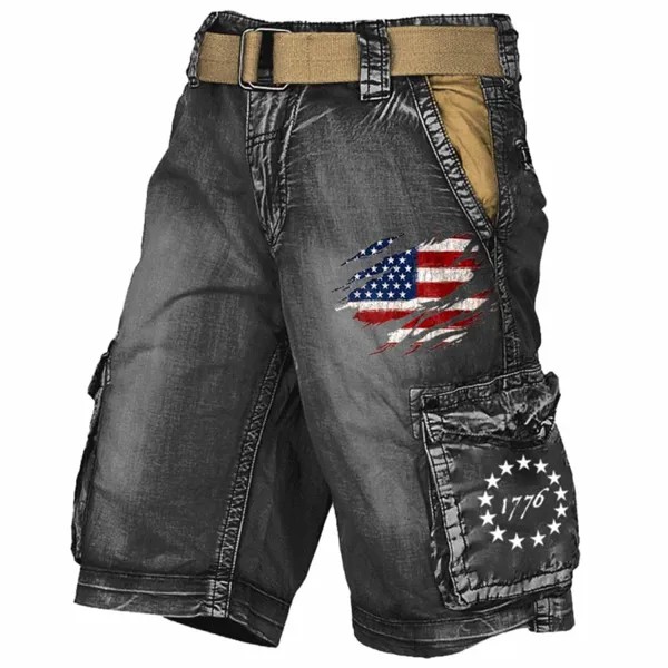 Мужские шорты-карго Винтаж 1776 Американский флаг Состаренные универсальные шорты для улицы Черный