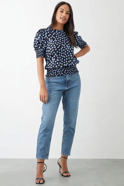 Синяя блузка с гофрированным подолом в горошек Dorothy Perkins, черный