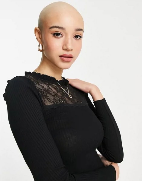 Лонгслив с кружевной вставкой и оборками на горловине Miss Selfridge-Черный цвет