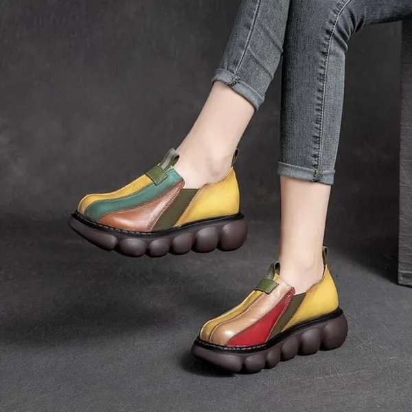 Женские мокасины из натуральной кожи, Разноцветные Повседневные туфли в стиле ретро, осень 2021