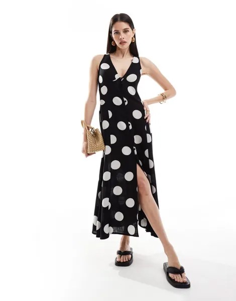 Льняное платье миди с пышной юбкой и пуговицами в горошек ASOS DESIGN