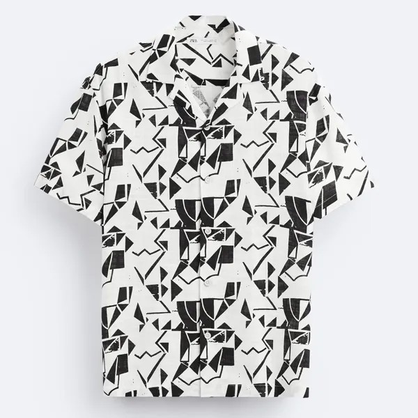 Рубашка Zara Viscose - Linen, белый/черный