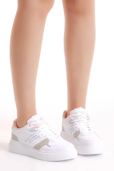 Женские белые серые кроссовки на полиэфирной подошве с полосками по бокам и шнуровкой TONNY BLACK