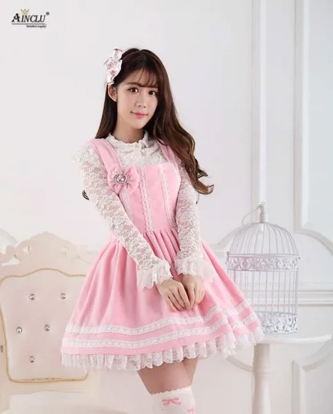 Ainclu женское розовое милое пушистое платье принцессы Лолиты из полиэстера с принтом на бретельках