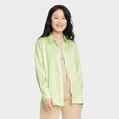 Женская объемная атласная рубашка на пуговицах с длинным рукавом - A New Day Green XS