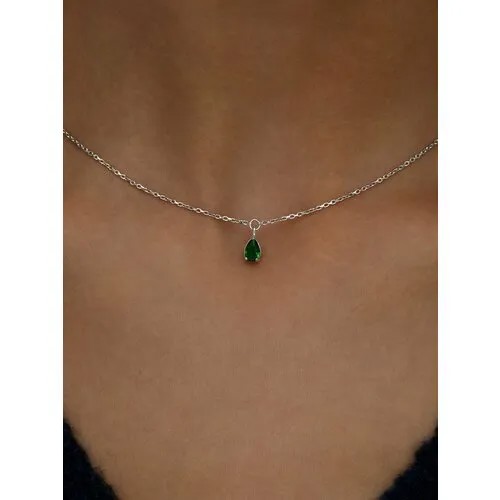 Колье MIESTILO Подвеска Miestilo серебро 925 на шею женская колье капелька зеленая, серебро, 925 проба, фианит, длина 45 см., белый
