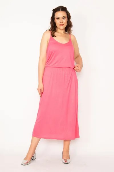 Женское вискозное платье большого размера с эластичным поясом розового цвета 65n33359 Şans, розовый