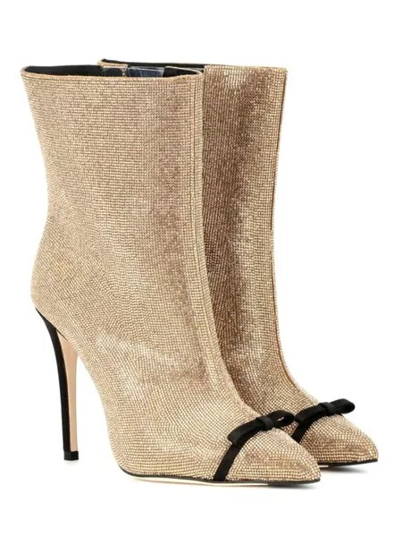 Milanoo Women Ankle Boots Light Gold Sequined Cloth Bows Pointed Toe Stiletto Heel Booties