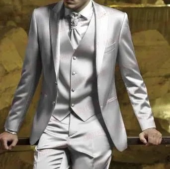 Модные итальянские серебряные мужские костюмы ANNIEBRITNEY атласные приталенные формальные для жениха платье смокинг под заказ мужское пальто б...