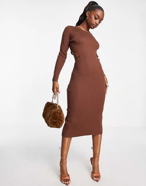 Трикотажное платье миди с вырезом шоколадного цвета Femme Luxe-Коричневый цвет