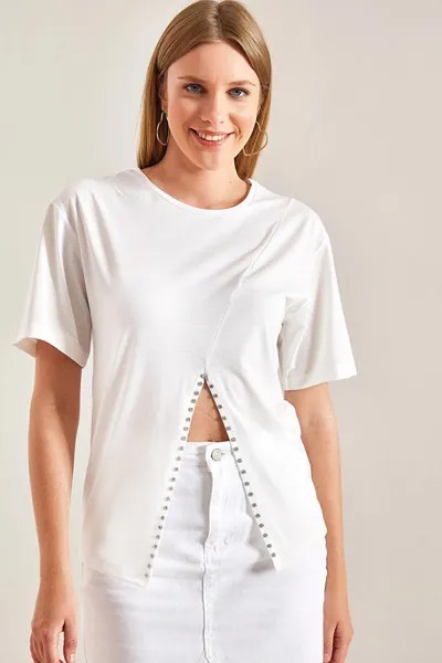 Женская футболка из чесаного хлопка с каменной вышивкой SHADE, белый