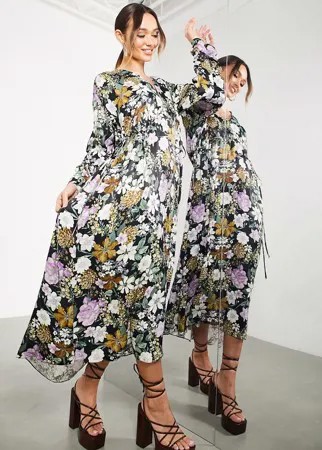 Oversized-платье миди с V-образным вырезом, затягивающимся шнурком и цветочным принтом ASOS EDITION-Разноцветный