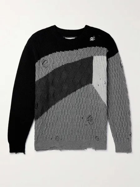 Хлопковый свитер косой вязки с эффектом потертости в технике пэчворк NEIGHBORHOOD, черный