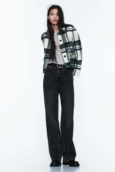 Куртка в клетку с накладными карманами ZARA, экрю/зеленый