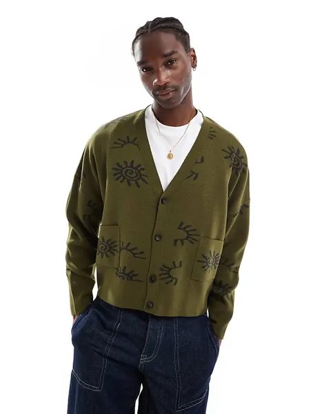 ASOS DESIGN – Зеленый вязаный кардиган оверсайз укороченного кроя с контрастным узором
